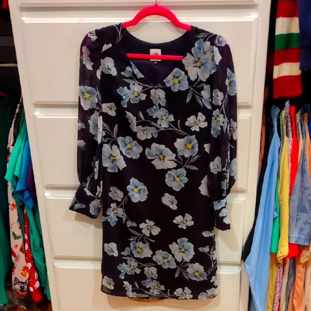 Cabi XXS dark Purple floral Dress with sheer sleeves and button detail